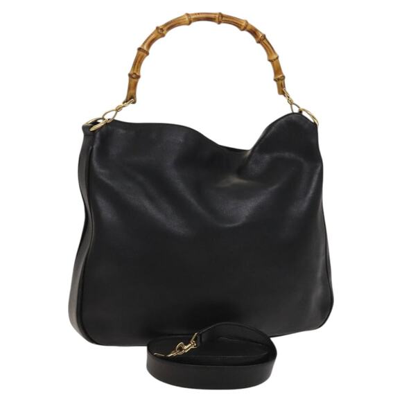 GUCCI Bamboo Hand Bag Leather Black Gold 001 001 - Picture 1 of 16